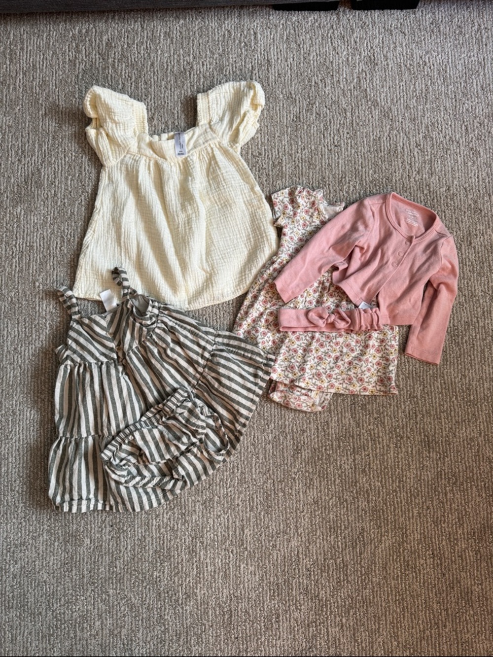 Baby Pink Green Cream Dress Top Bundle 3 Piece Set Floral Stripe Gauze Summer 9M